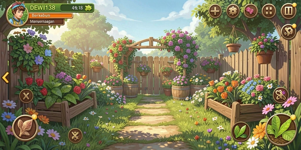 Screenshot DEWI138 menampilkan kebun yang indah dan gameplay seru.