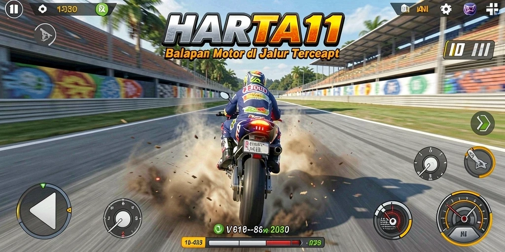 Gameplay HARTA11 yang mendebarkan saat balapan motor di jalur cepat.