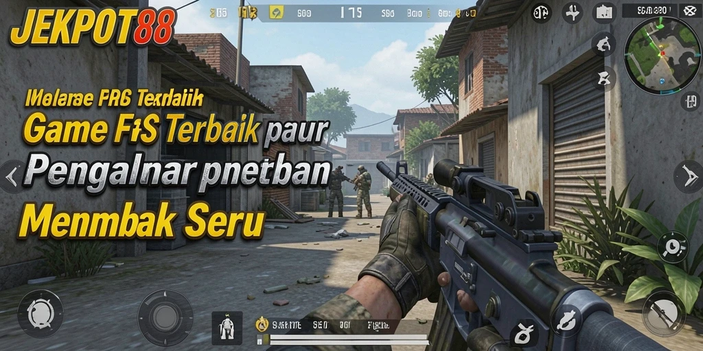 Screenshot utama JEKPOT88 menampilkan aksi menembak yang intens.