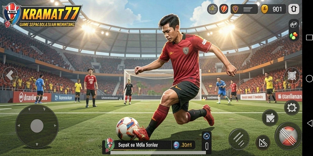 Tampilan gameplay seru dalam KRAMAT77 dengan aksi sepak bola yang mendebarkan.