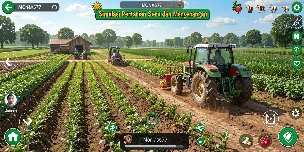Screenshot gameplay <strong>MONAS77</strong> yang menampilkan ladang subur dan aktifitas bertani.