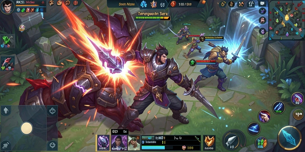 Screenshot gameplay RK55 menunjukkan pertempuran epik antar pahlawan.