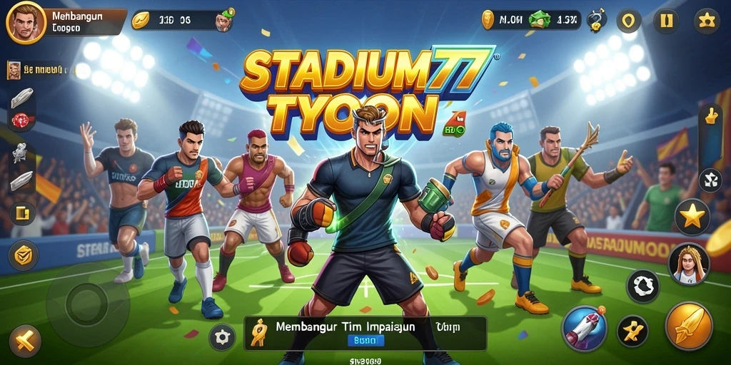 Tampilan gameplay STADIUM77 menunjukkan manajemen tim sepak bola yang seru.